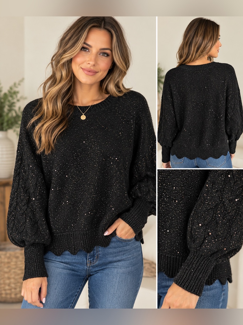 ELLE Black Sequin Sparkle Knit Sweater Scallop Hem Balloon Sleeve L